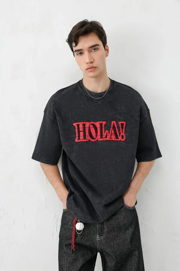 Yıkamalı Baskılı Oversize Tişört Siyah