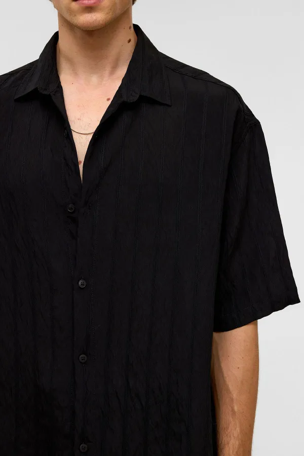 Oversize Striped Short-Sleeved Modal Fabric Shirt, Black