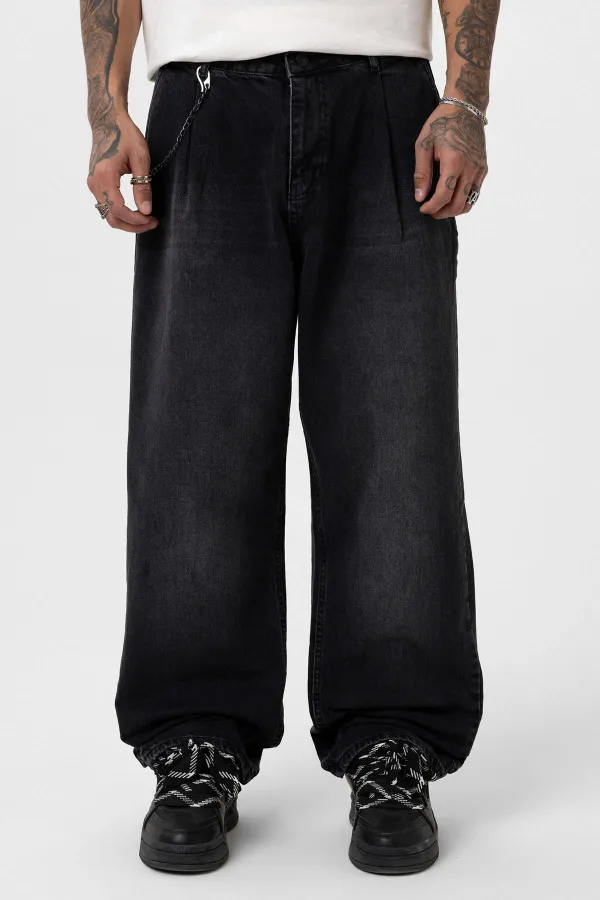 Pileli Zincir Detaylı Baggy Jean Antrasit
