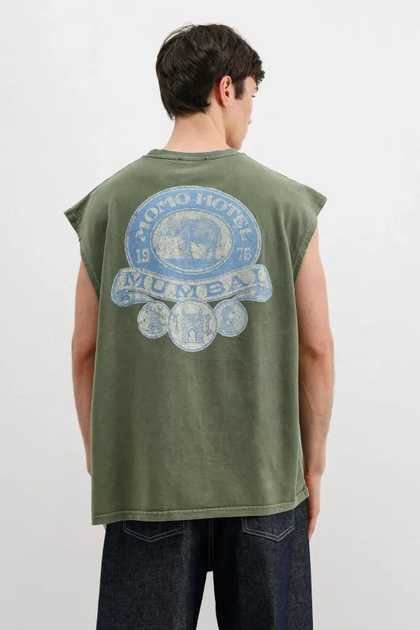 Baskılı Kolsuz Oversize Tişört Haki