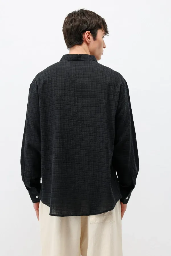 Textured Linen Look Oversize Shirt Black