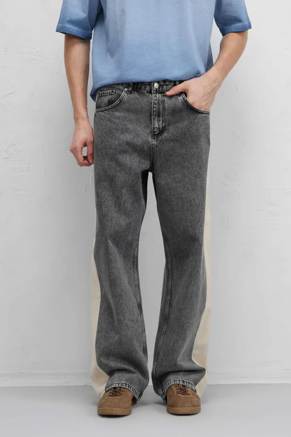 Yan Şeritli Baggy Fit Jean Antrasit