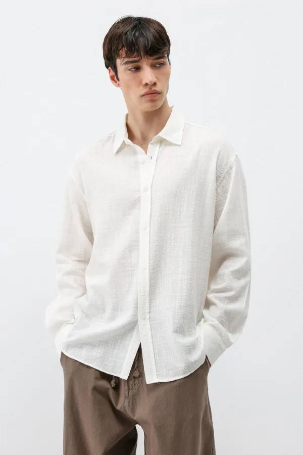 Textured Linen Look Oversize Shirt, Ecru