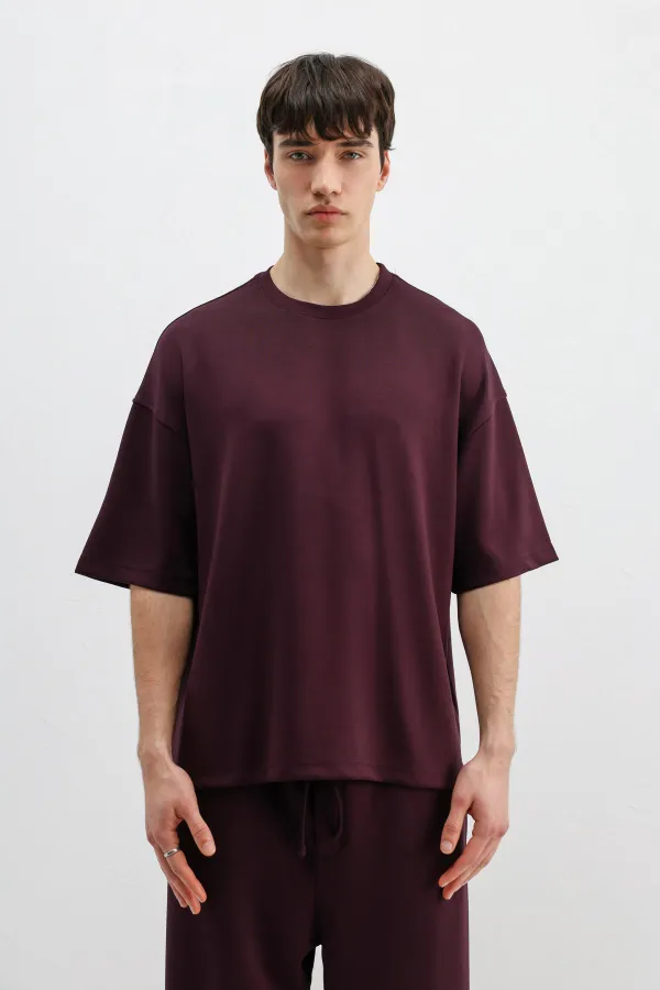 Modal Karışımlı Oversize Tişört Mürdüm