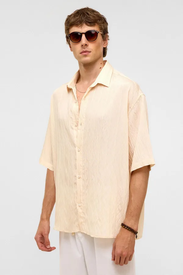 Oversize Striped Short-Sleeved Modal Fabric Shirt, Beige