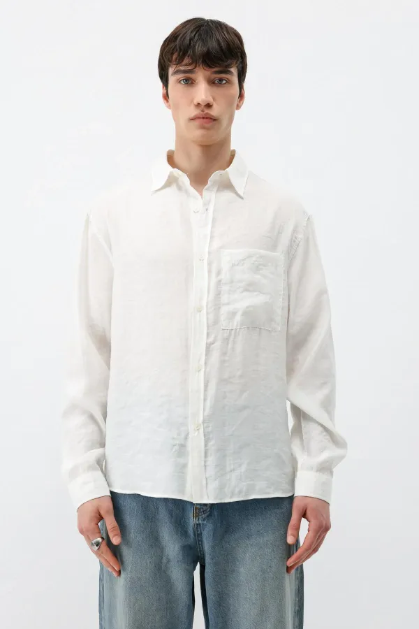 Modal Kumaş Cepli Oversize Gömlek Ekru