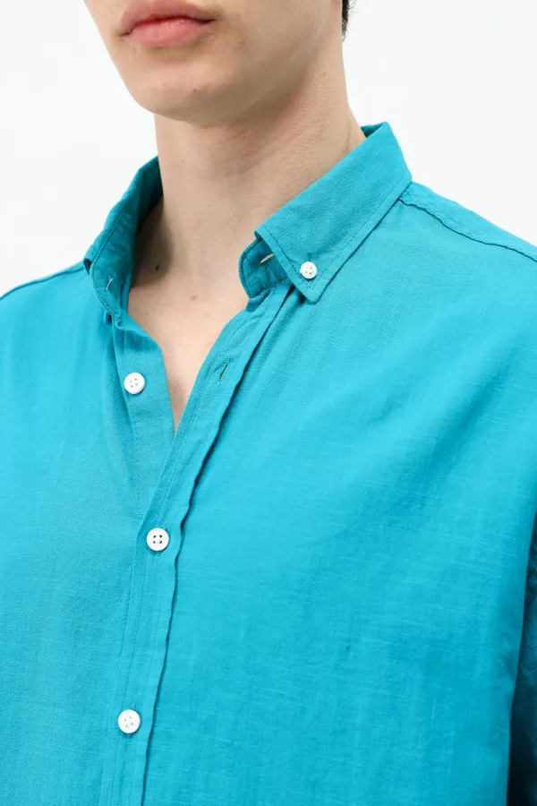 Basic Oversize Pamuk  Keten Gömlek Turkuaz