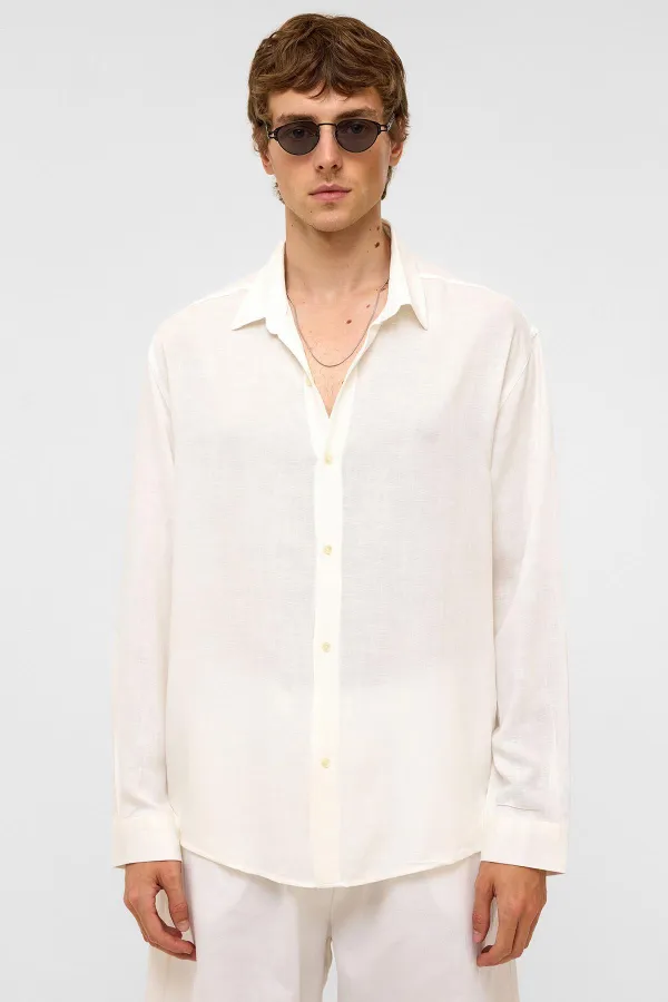 Oversize Uzun Kollu Keten Gömlek Beyaz