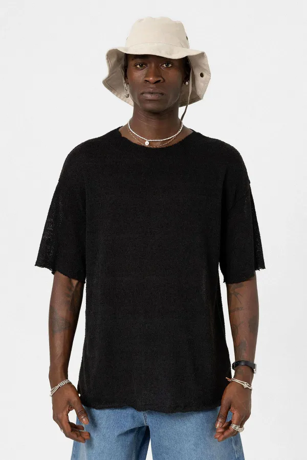 Basic Oversize Örme Triko Tişört Siyah