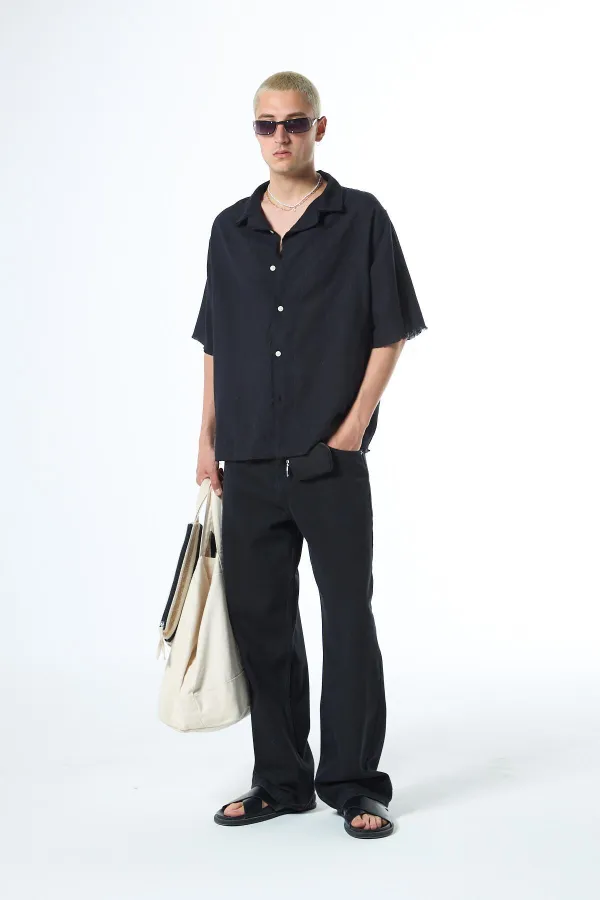 Dikişsiz Kısa Kol Cepsiz Oversize Keten Gömlek Siyah