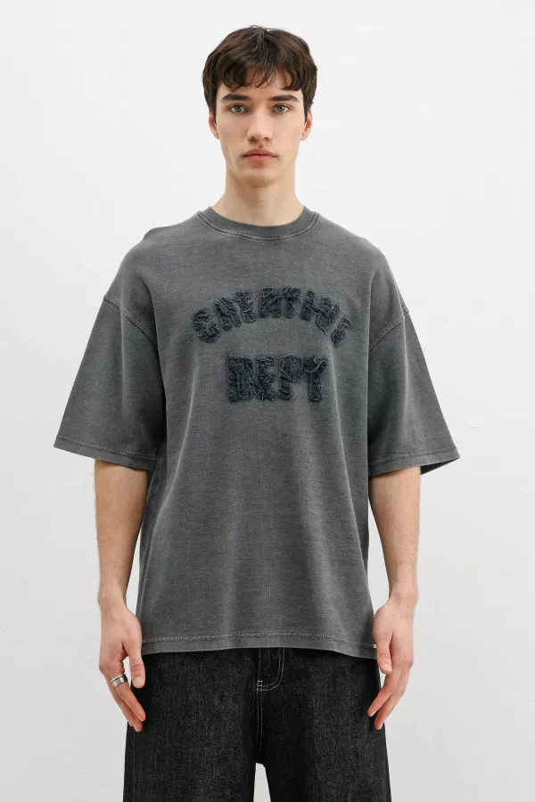 Yıkamalı Yazı Baskılı Oversize Tişört Siyah