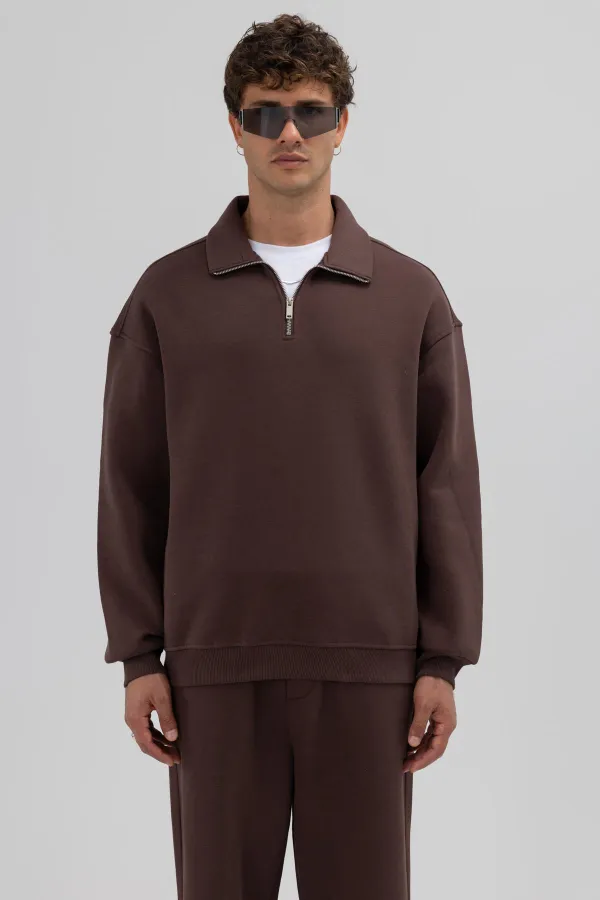 Oversize Zip-Up Stand-Up Collar Sweatshirt, Brown