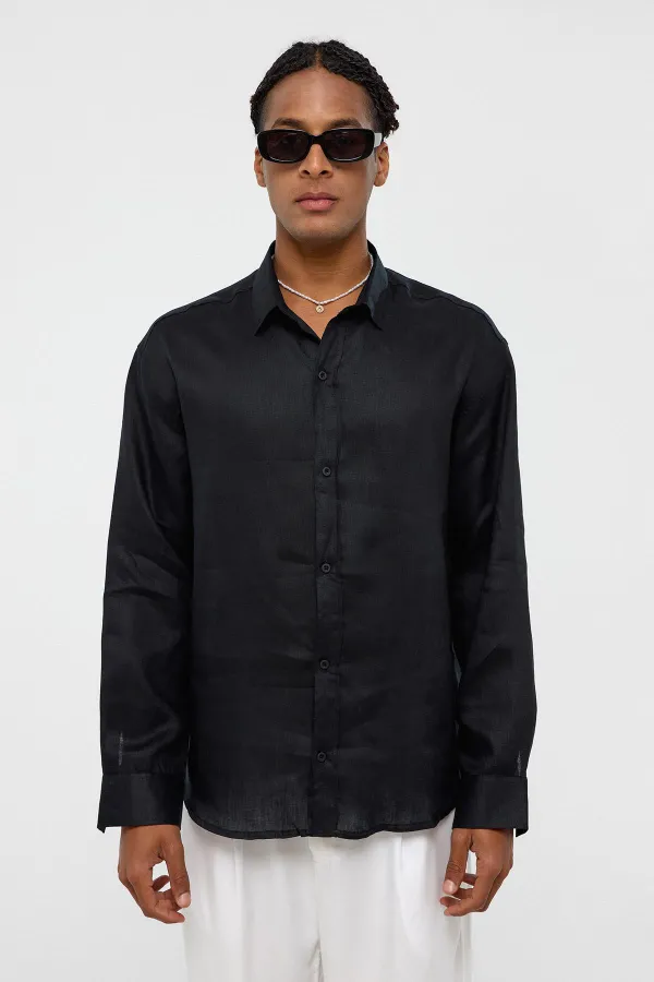 100% Linen Oversize Long-Sleeve Shirt Black