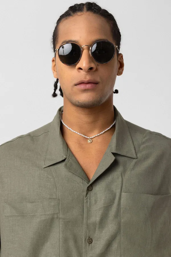 Double Pocket Oversize Linen Shirt Khaki