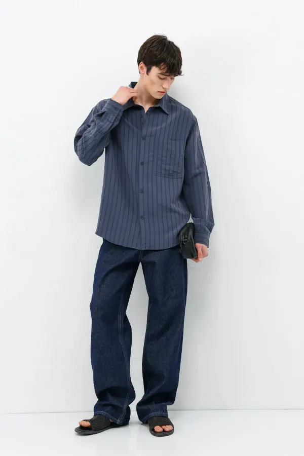 Modal Kumaş Çizgili Oversize Gömlek Lacivert