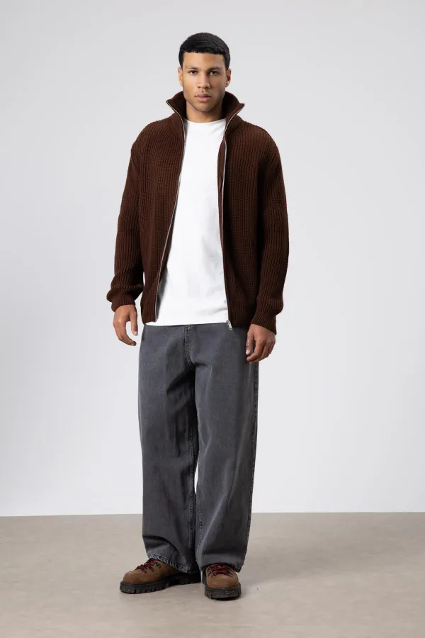 Oversize Fermuarlı Triko Hırka Kahve