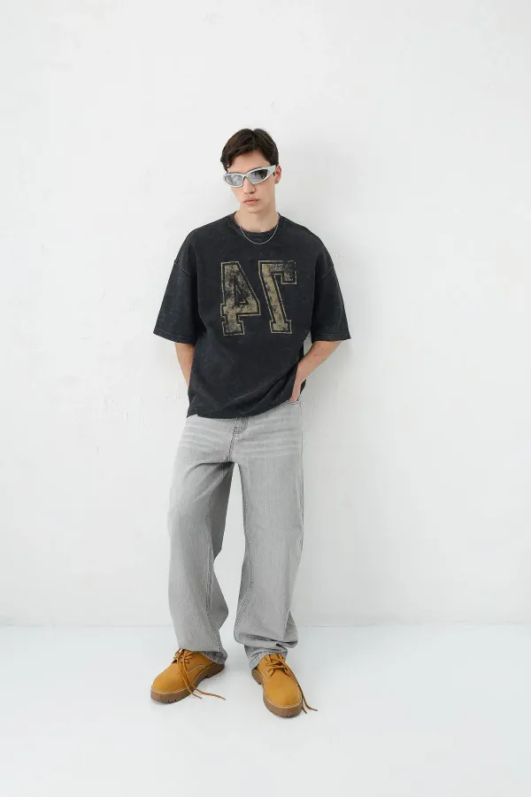 Yıkamalı Baskılı Oversize Tişört Siyah