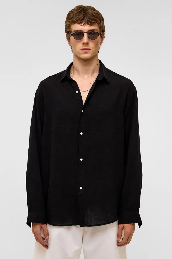 Oversize Uzun Kollu Keten Gömlek Siyah