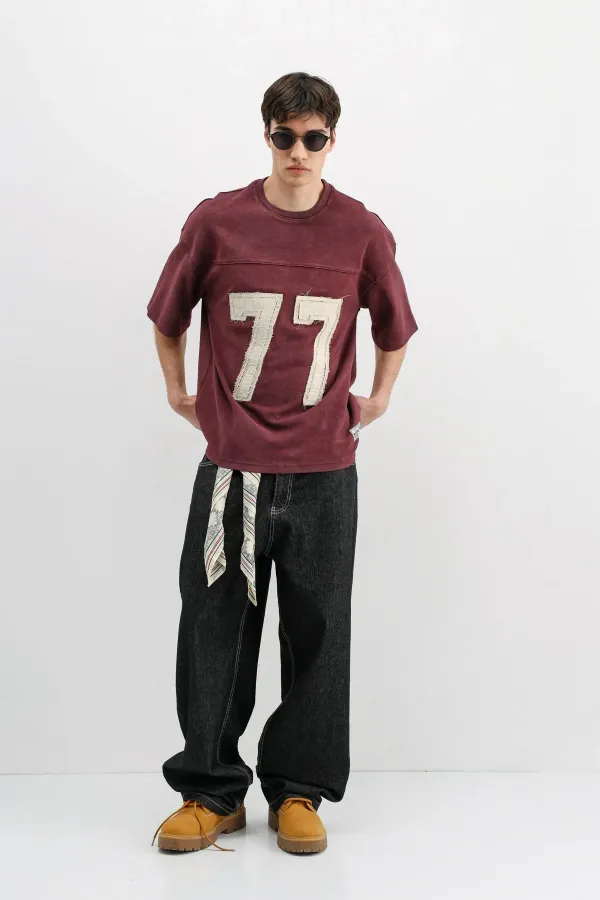 Numara Baskılı Oversize Tişört Bordo