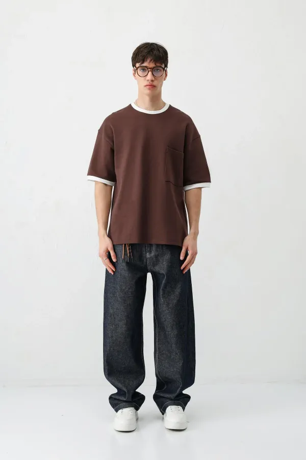 Kısa Kollu Oversize Cepli Tişört Kahve