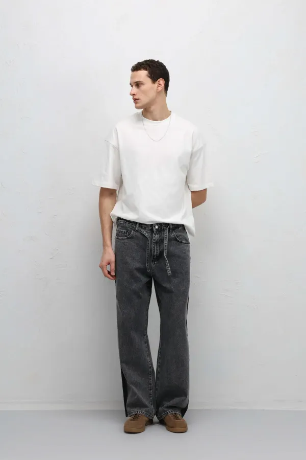 Jean baggy rayé gris avec ceinture