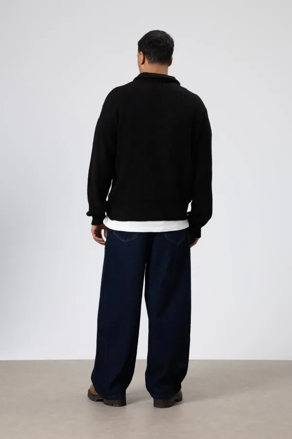 Yarım Fermuarlı Triko Kazak Siyah