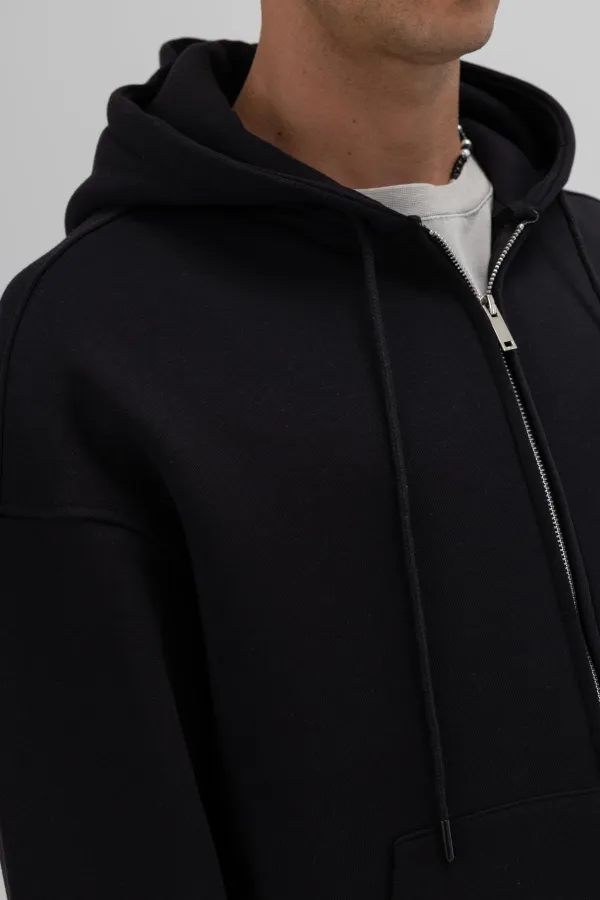 Basic Fermuarlı Oversize Kapüşonlu Sweatshirt Siyah