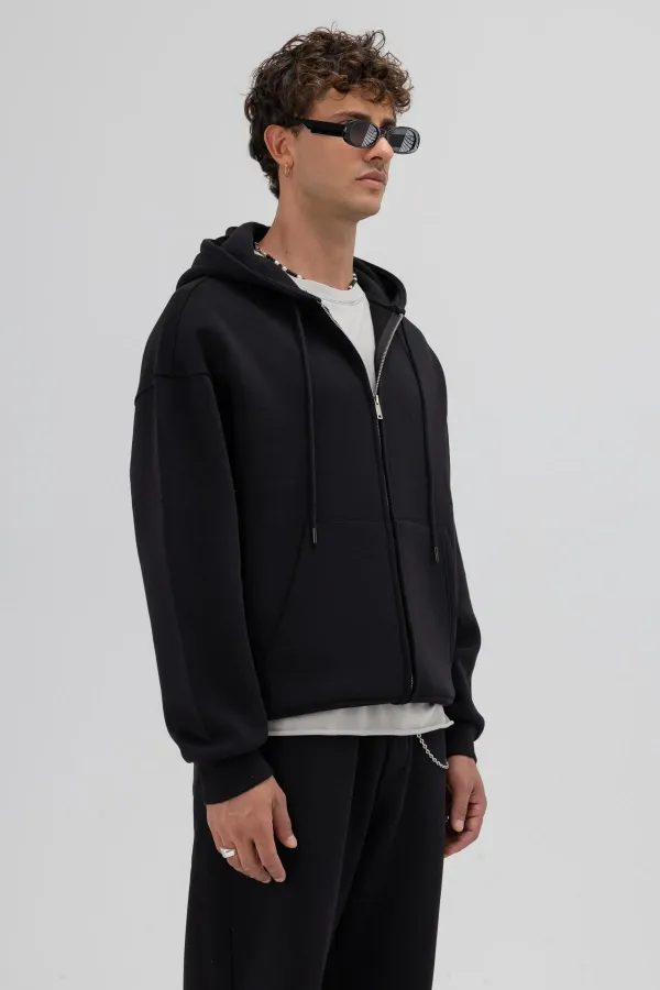 Basic Fermuarlı Oversize Kapüşonlu Sweatshirt Siyah