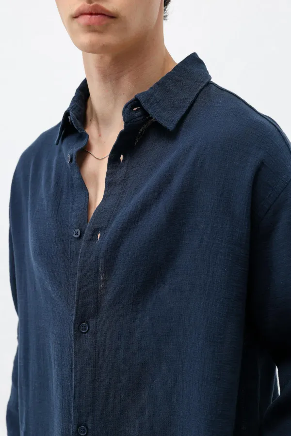 Uzun Kollu Basic Oversize Gömlek Lacivert