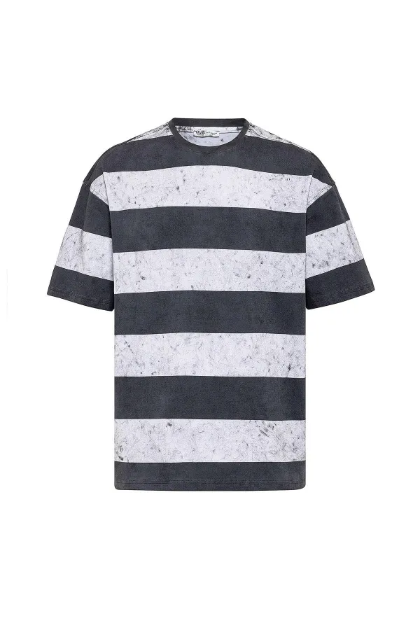 Yıkamalı Şeritli Oversize Tişört Gri - Beyaz