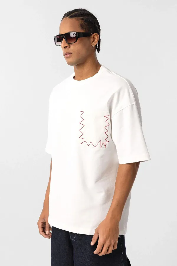 Yıkamalı Cep Detaylı Oversize Tişört Ekru