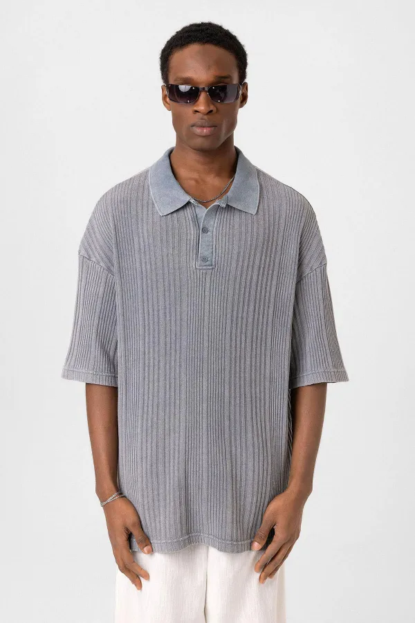 Polo Yaka Oversize Triko Gri
