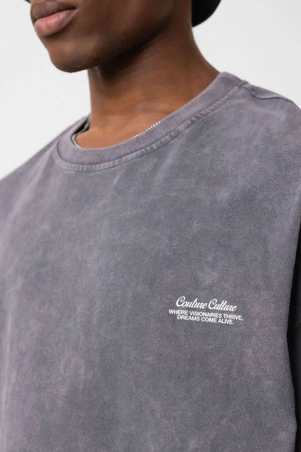 Yıkamalı Oversize Ekose Detaylı Tişört Füme