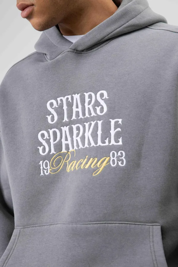 Oversize Nakış Baskılıkapüşonlu Sweatshirt Füme