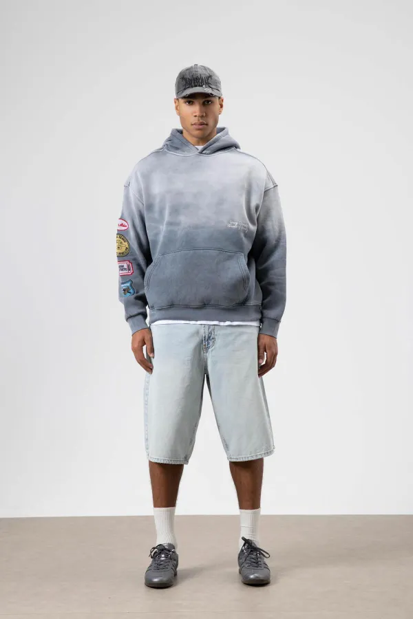 Oversize Baskılı Kapüşonlu Sweatshirt Gri