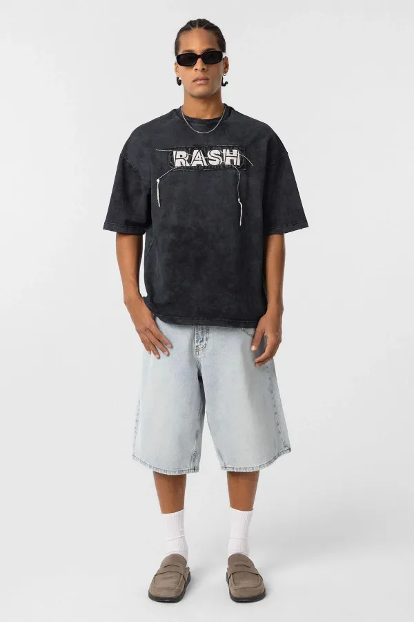 Yıkamalı Oversize Baskılı Tişört Siyah