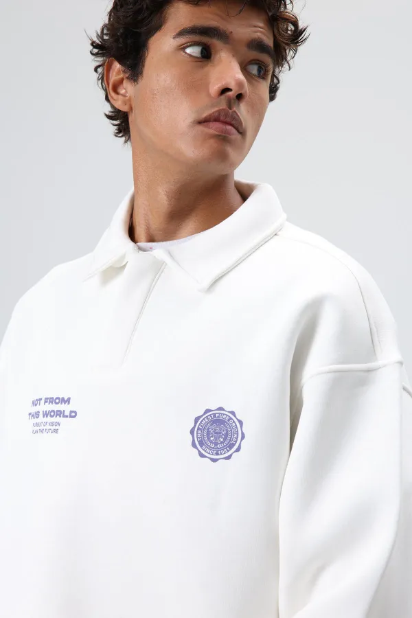 Sweat-shirt oversize à col polo imprimé délavé, écru