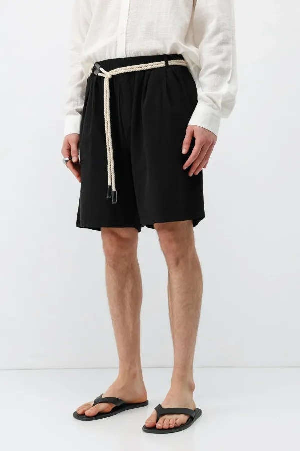 Kemerli Oversize Keten Şort Siyah