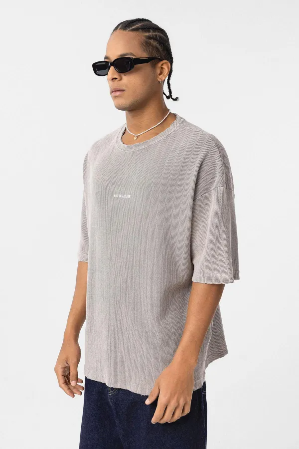 Yıkamalı Arka Baskılı Oversize Tişört Taş