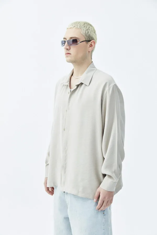 Basıc Oversize Uzun Kollu Modal Karışımlı Gömlek Bej