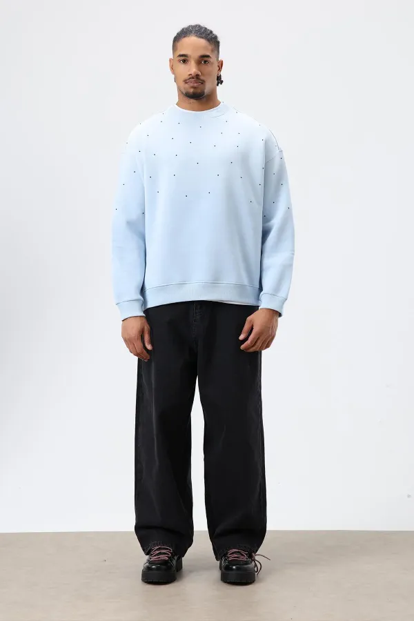 Sweat-shirt oversize bleu ciel à détails pierre délavée