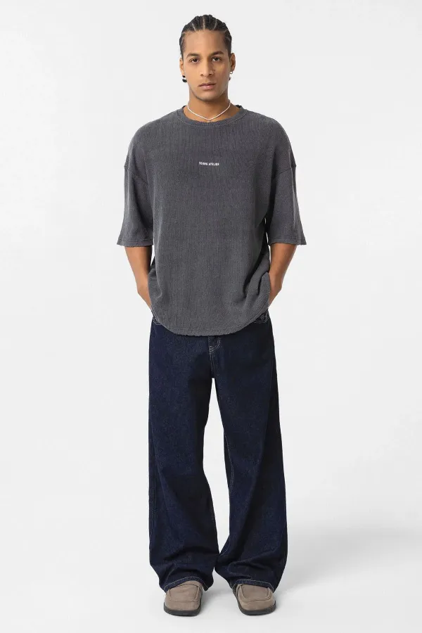 Yıkamalı Arka Baskılı Oversize Tişört Siyah