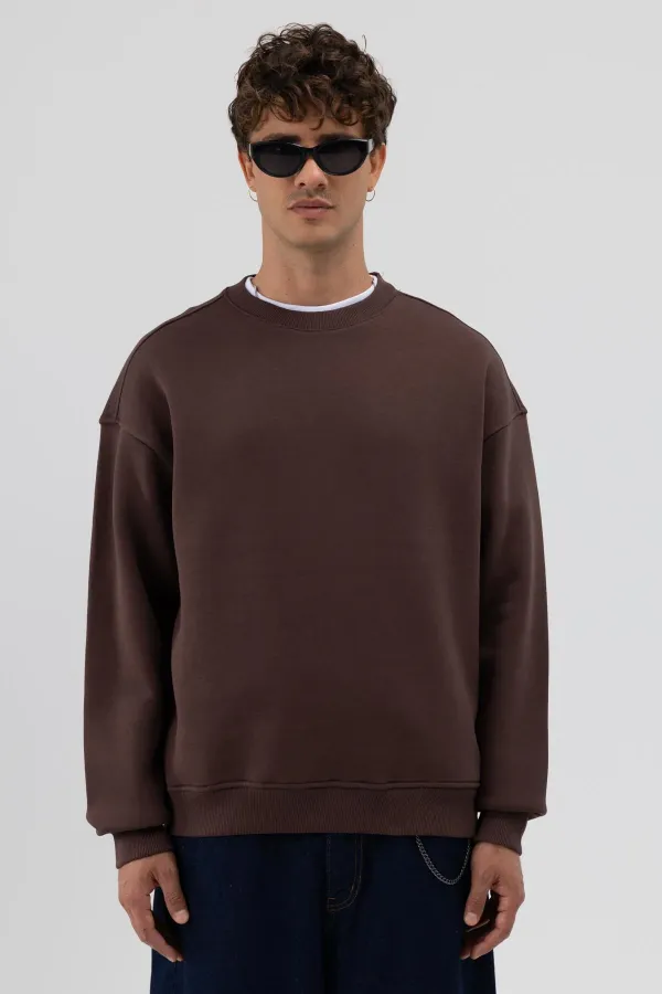 Basic Crew Neck Oversize Sweatshirt, Coffee