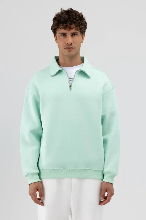 Sweat-shirt oversize à fermeture éclair et col montant, couleur menthe
