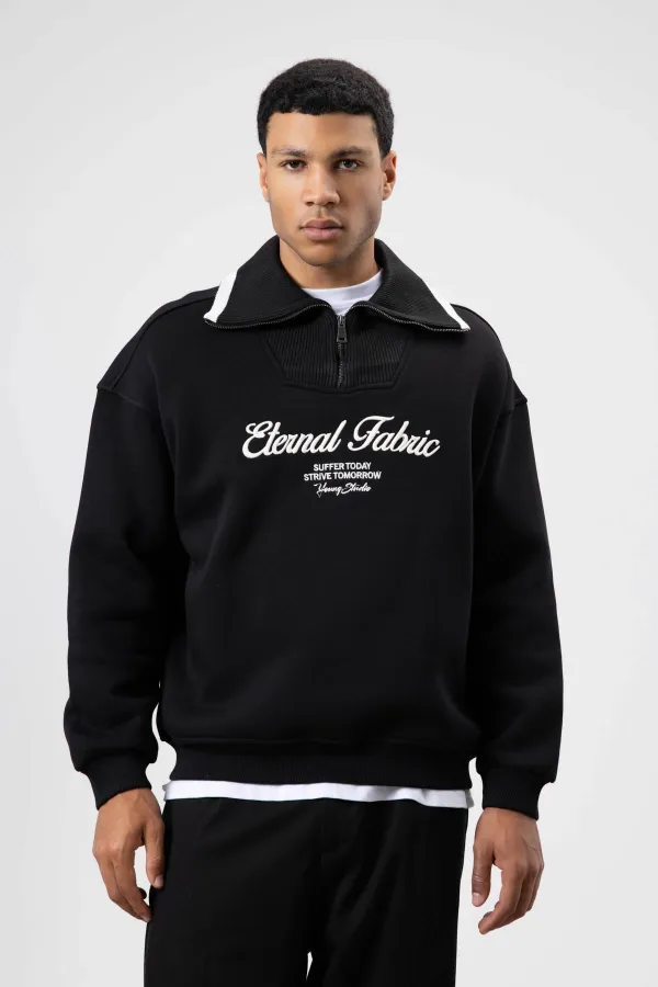 Sweat-shirt noir oversize à col zippé