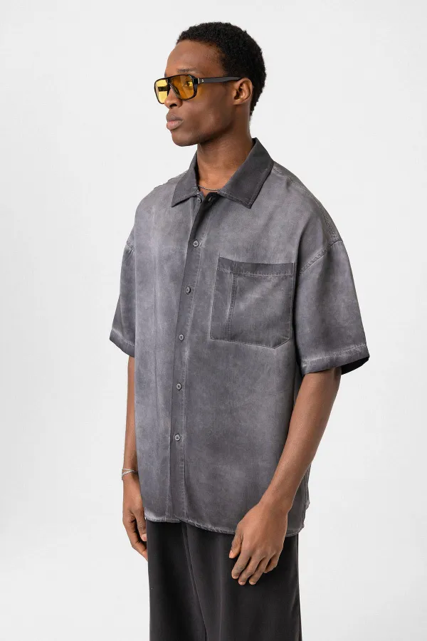 Yıkamalı Kısa Kollu Oversize Gömlek Siyah