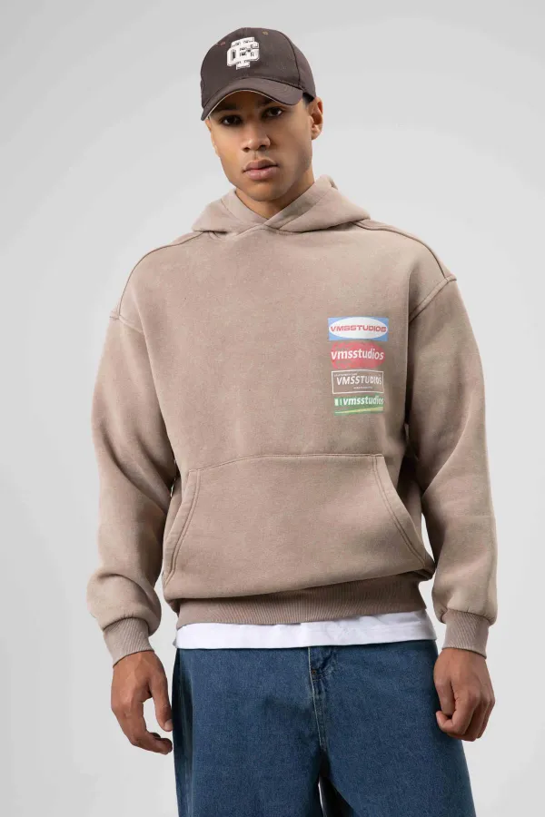 Oversize Yıkamalı Baskılı Kapüşonlu Sweatshirt Vizon