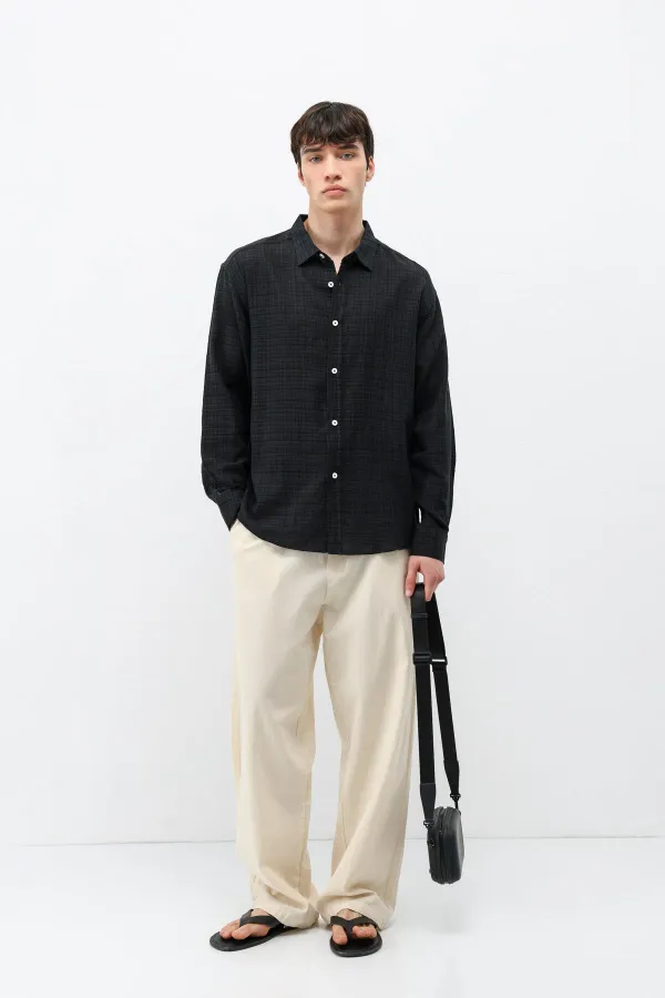 Textured Linen Look Oversize Shirt Black