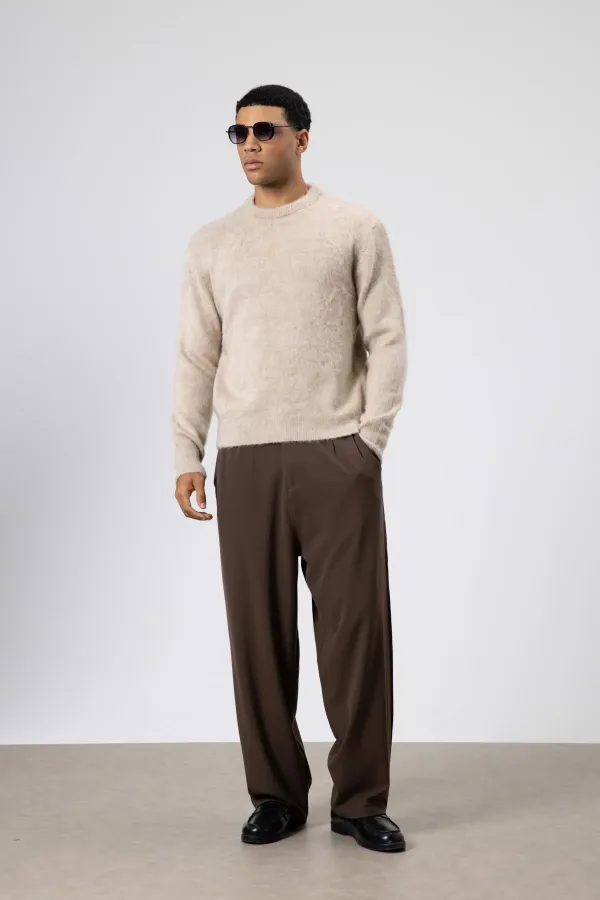 Oversize Yumuşak Dokulu Bisiklet Yaka Kazak Bej