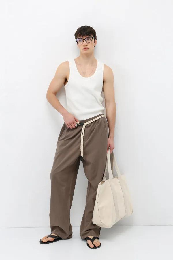 Kemer Detaylı Oversize Keten Pantolon Vizon